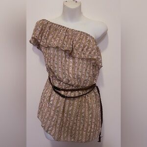 Daisy One-Shoulder Tan Striped Floral Ruffle Tunic